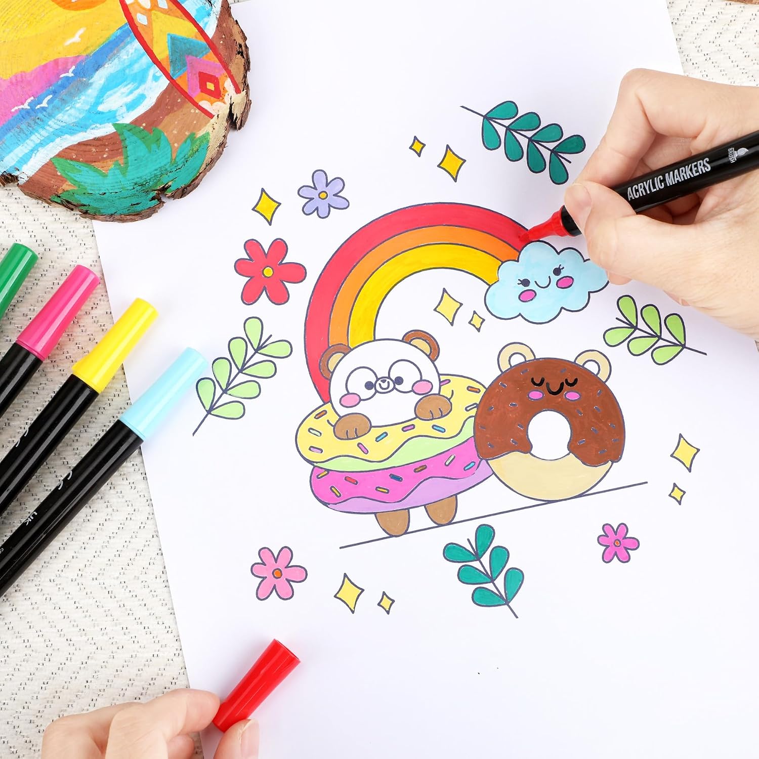 Detalle 2 de Pagather 72 Colors Acrylic Paint Markers (Dual Tip: Fine + Brush Tip) for Stone, Wood, Canvas, Ceramic & More