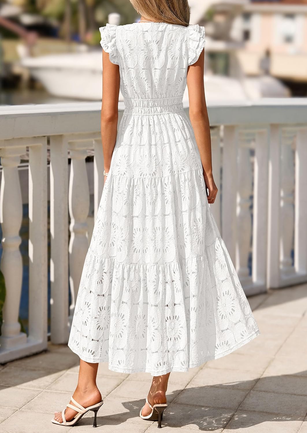Detalle de PRETTYGARDEN Women's Boho Maxi Dress – Floral Lace Eyelet V-Neck (2026 Summer)