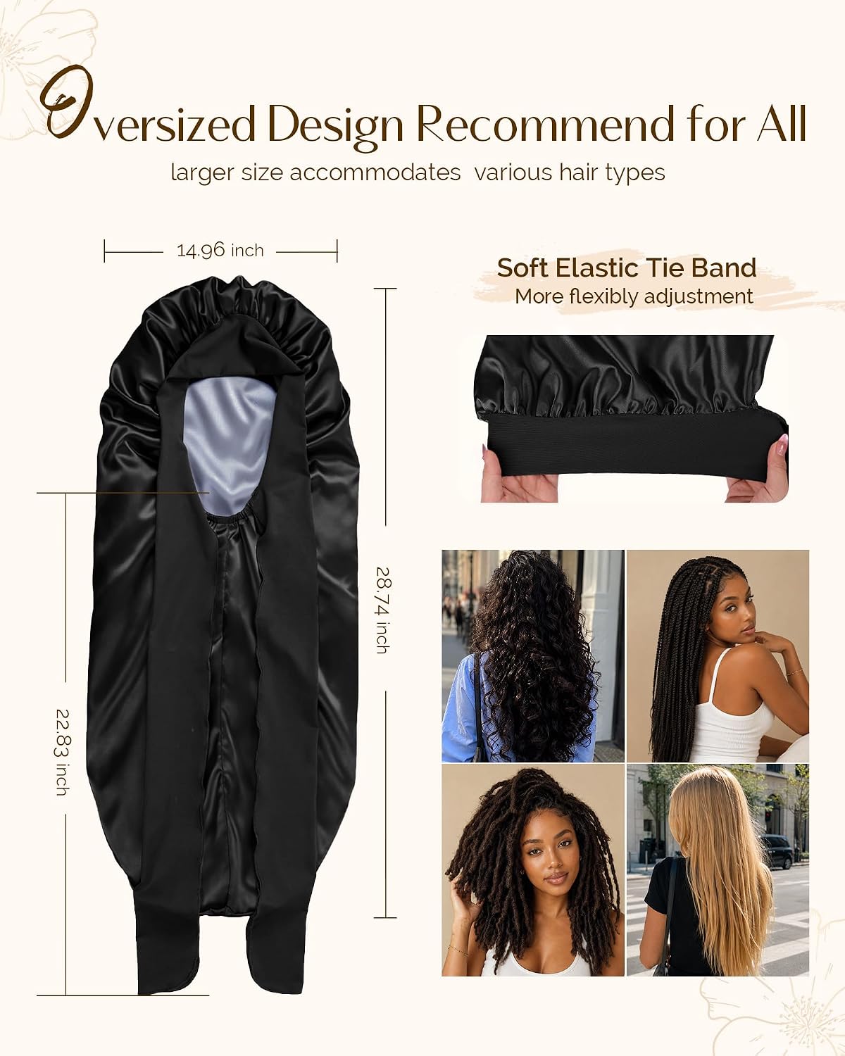 Detalle de YANIBEST Double Layer Extra Long Satin Sleep Bonnet with Adjustable Tie Band