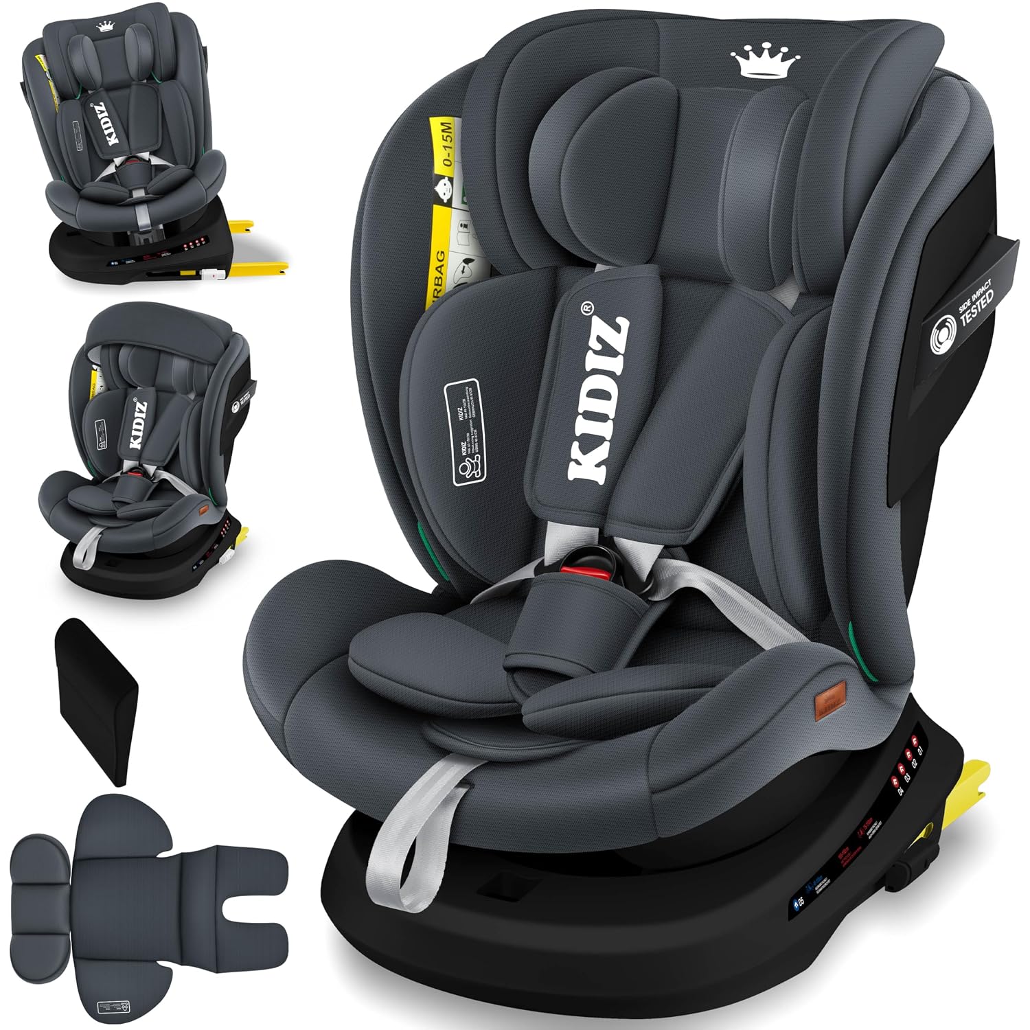 KIDIZ Autokindersitz mit Isofix i-Size R129 100-150cm – mitwachsender Sitz, 5-Punkt-Gurt, höhenverstellbare Kopfstütze, Anthrazit