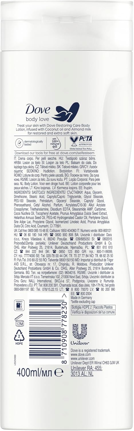 Thumbnail 1 de Dove Body Love Lozione Corpo Idratante Restoring Care per Pelle Secca con Olio di Cocco e Latte di Mandorla, 3×400 ml