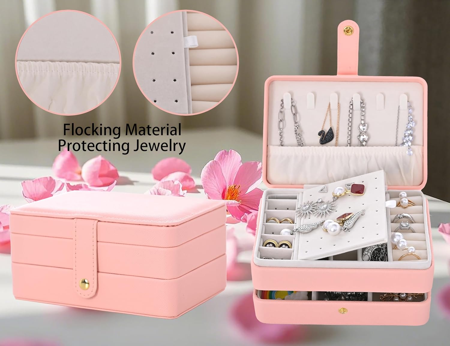 Thumbnail 4 de Jewelry Box: 3-Layer Leather Jewellery Storage Box – Small Travel Organisation (Pink)