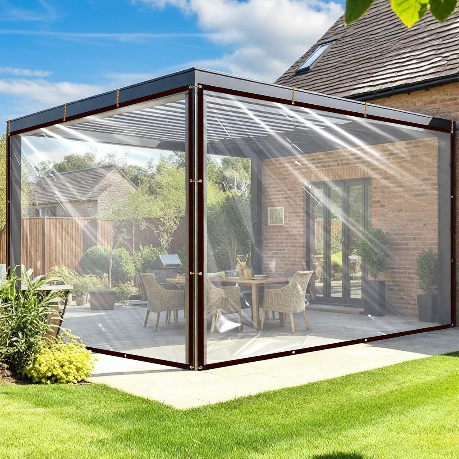 Detalle de Vteyeya 5x6 ft Clear PVC Tarp with Grommets, Waterproof Patio Cover