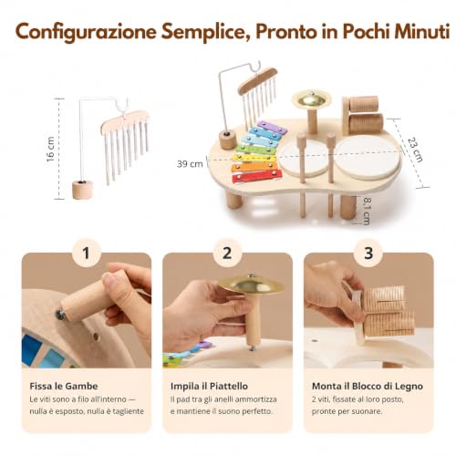 Detalle de Promise Babe Strumenti Musicali in Legno per Bambini da 1 a 3 Anni – Batteria Montessori con Xilofono, Tamburi e Percussioni