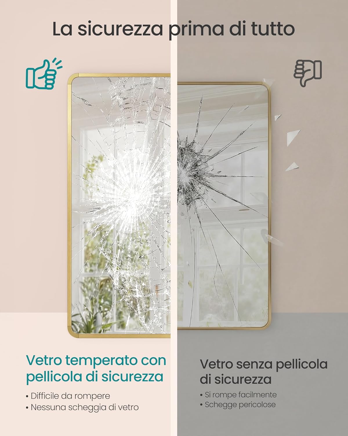 Thumbnail 2 de SONGMICS Specchio Bagno Rettangolare LWM010AB01 – Cornice in Alluminio, 91 x 61 cm, sospensione orizzontale/verticale, vetro temperato con pellicola di sicurezza