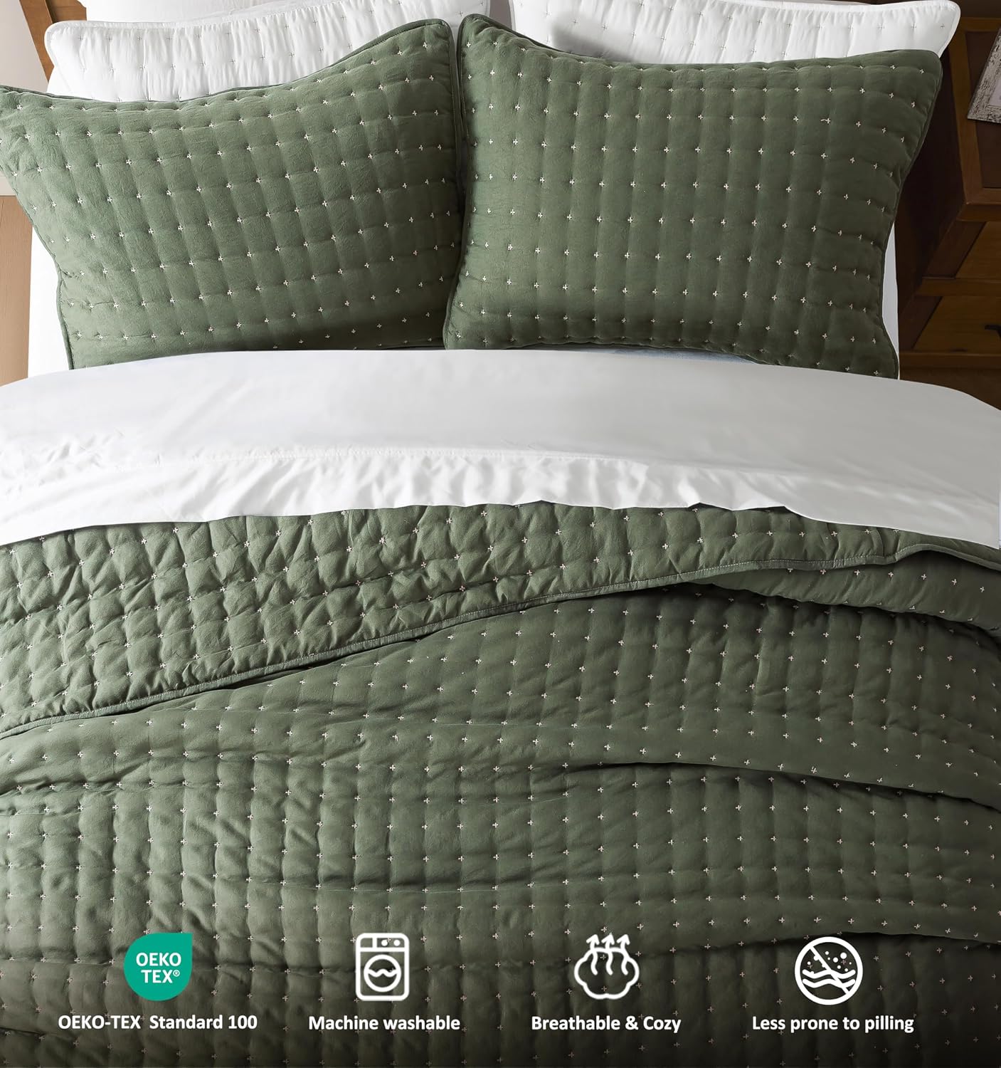 Thumbnail 6 de WDCOZY Queen Size Quilts Bedding Set (3 Pieces) Moss Green – Lightweight Microfiber Quilt with 2 Pillow Shams