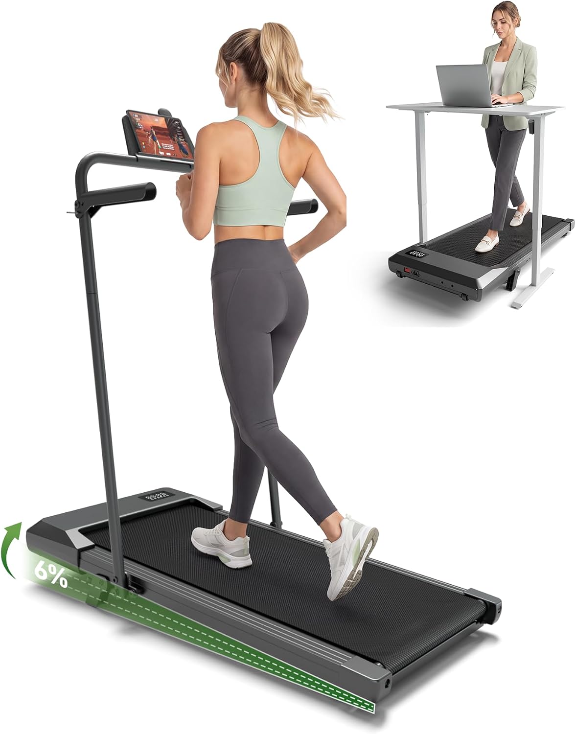 Detalle de MJWW walking pad with handle bar 2-in-1 Treadmill, 2.5 HP, 6% Incline
