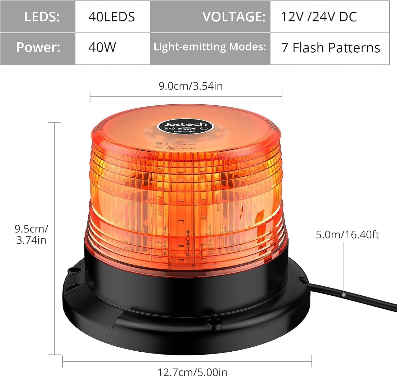 Detalle de Justech 12/24V 40W Amber LED Flashing Beacon with Magnetic Base, 7 Flash Modes (IP65)