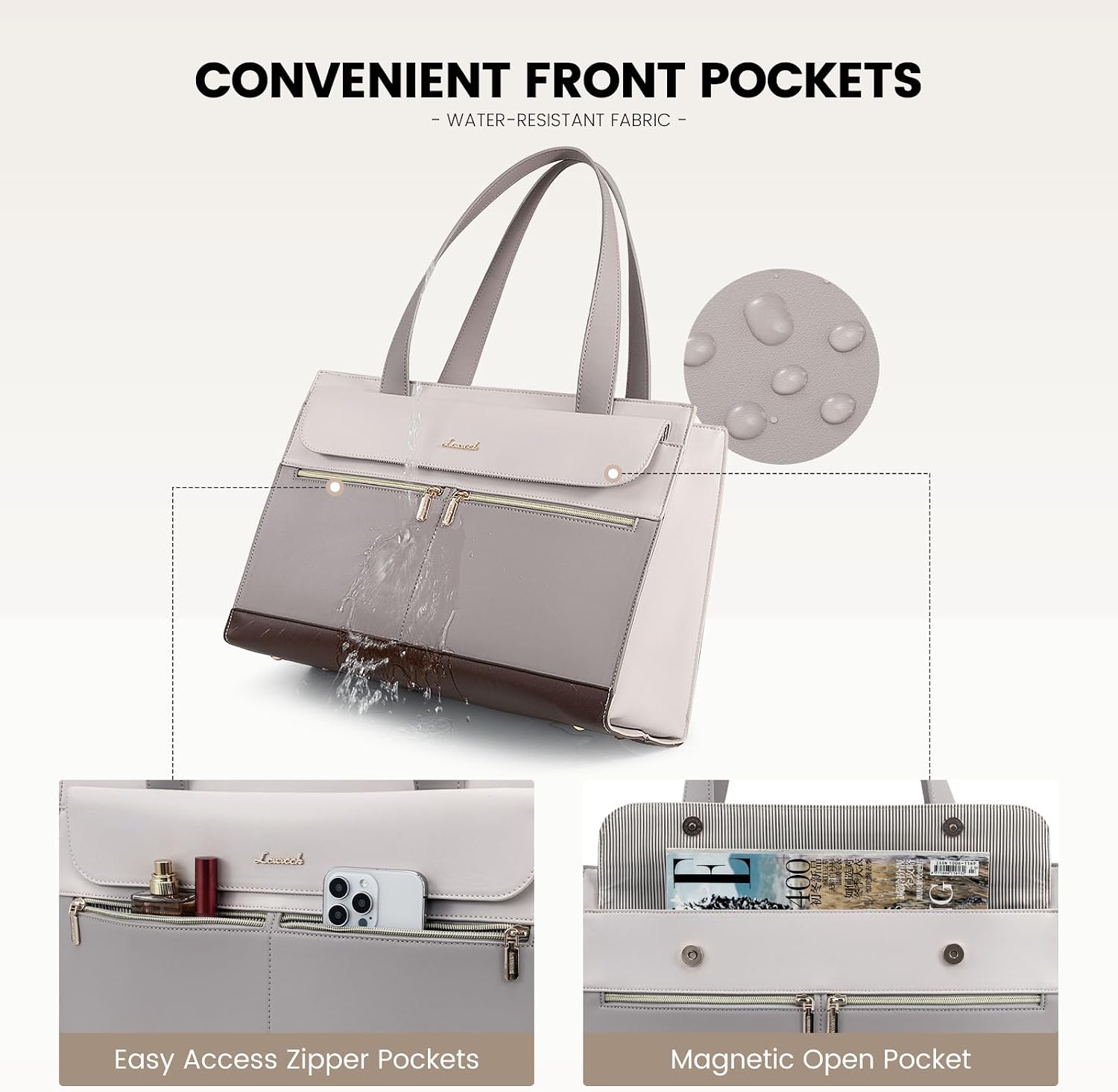 Detalle de LOVEVOOK 15.6 Inch Women's Laptop Bag with Clutch: PU Leather, Water‑Resistant Work Tote