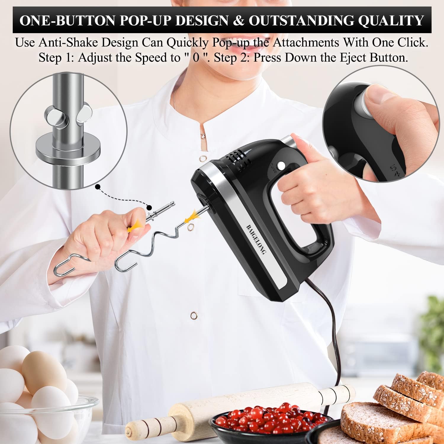 Detalle de BAIGELONG Hand Electric Mixer 300W with 5 speeds, turbo boost and 5 stainless steel attachments (black)