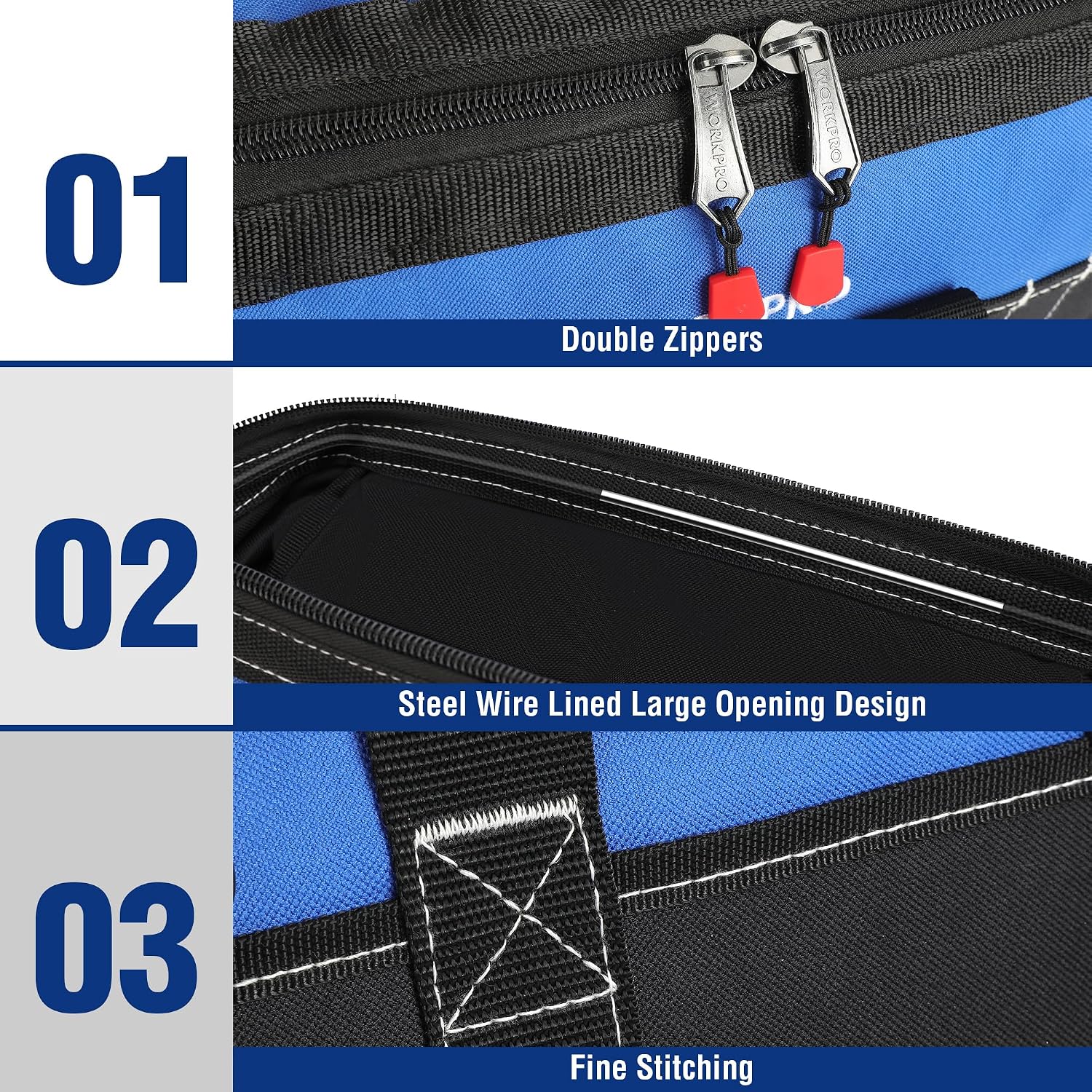 Detalle de WORKPRO 16-inch Heavy-Duty Tool Bag – 40 x 22 x 26 cm with Waterproof Base and Wide-Open Design