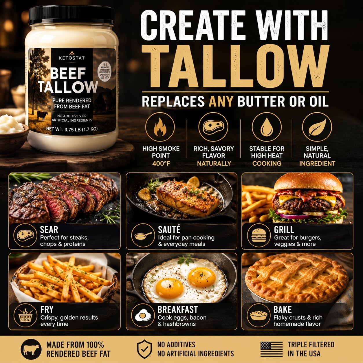 Thumbnail 6 de Ketostat Beef Tallow, 3.75 lb (60 oz) Cooking Fat for Frying and Roasting