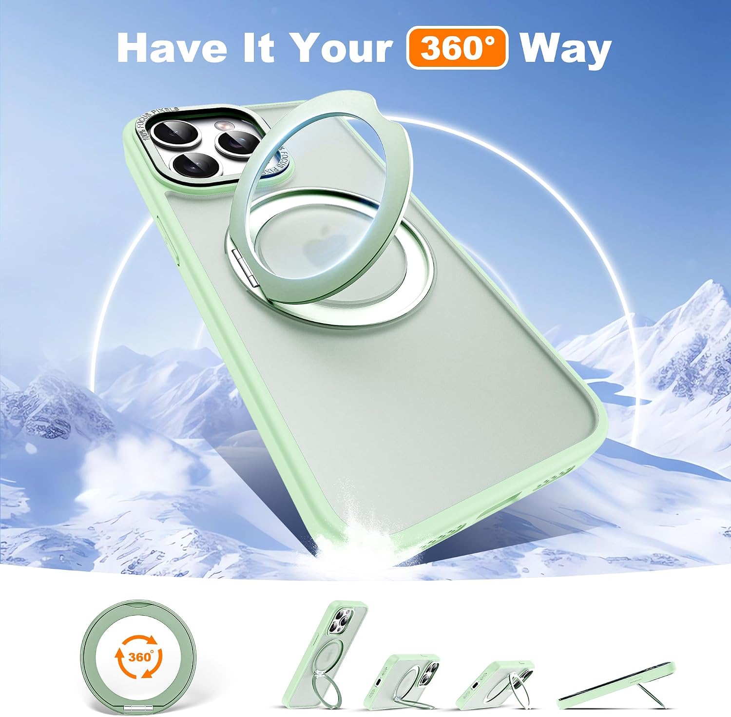 Detalle de Zalinbo iPhone 15 Pro Case with 360° Rotatable Magnetic Ring Stand — MagSafe Compatible, Military Protection, Green
