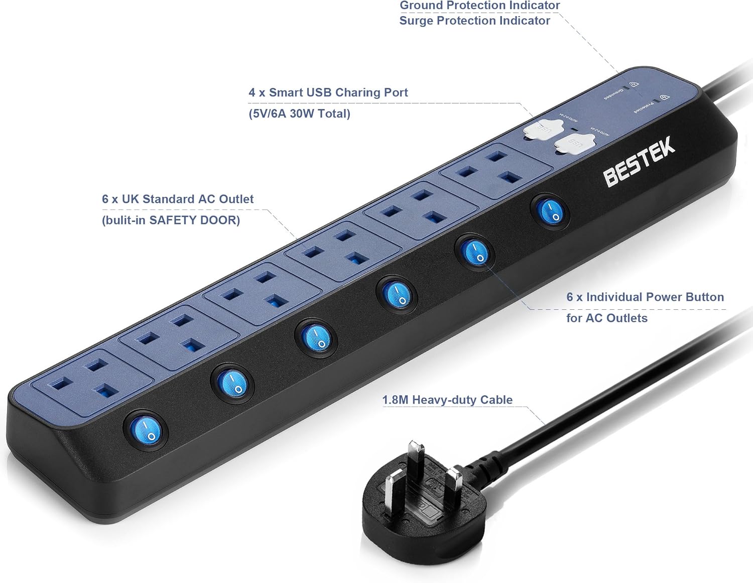 Thumbnail 4 de BESTEK 6-Way Individually Switched Extension Lead with 900J Surge Protection and 4-Port USB (5V/2.4A each) – 1.8m