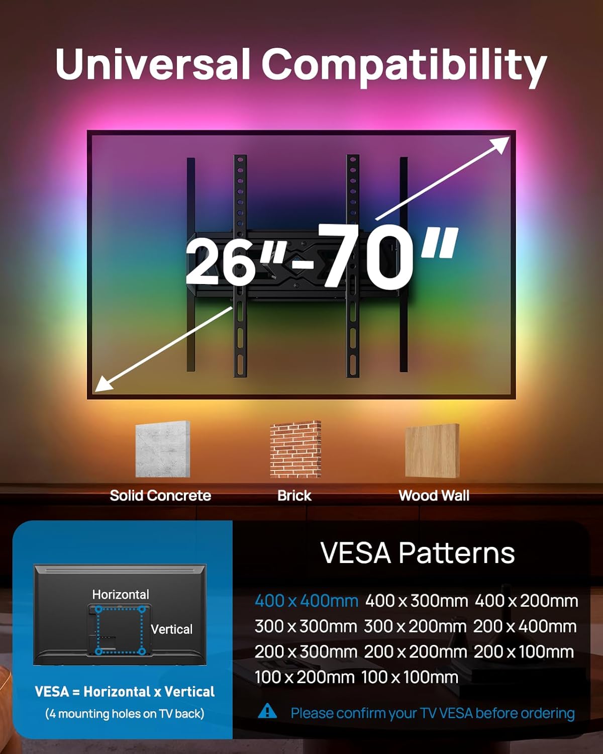 Thumbnail 1 de PERLESMITH Supporto TV Parete con Luci LED, Braccio Doppio Orientabile 25-70" (fino a 45 kg) e Retroilluminazione, VESA max 400x400