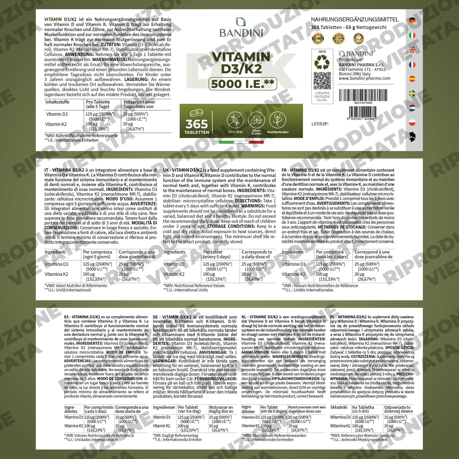 Detalle 1 de BANDINI Vitamine D3 + K2, 365 vegan tabletten met 100 µg K2 MK-7