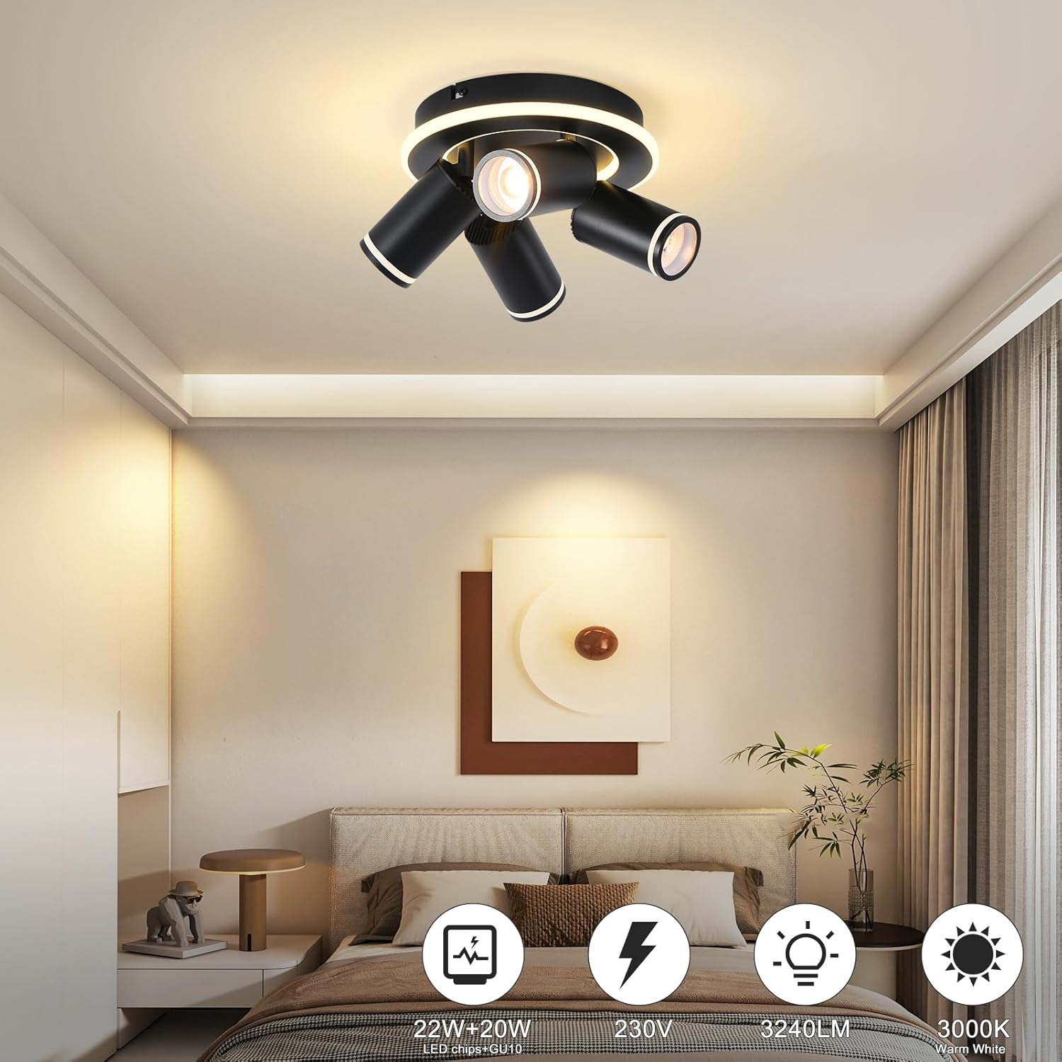 Thumbnail 1 de SANSHI Deckenleuchte 4‑flammig LED, schwenkbar 350° – 22W + 4×5W GU10, Schwarz