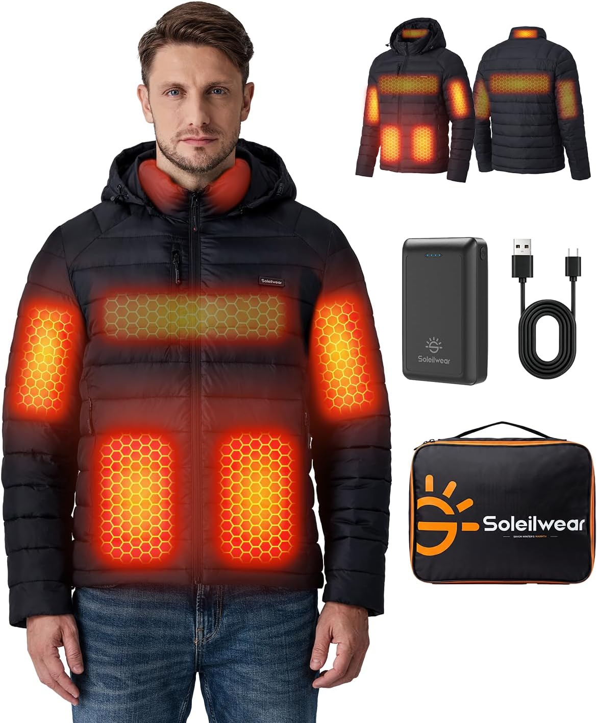 Detalle de Soleilwear Graphene Heated Jacket for Men, 16000mAh Battery, 6 Heat Zones