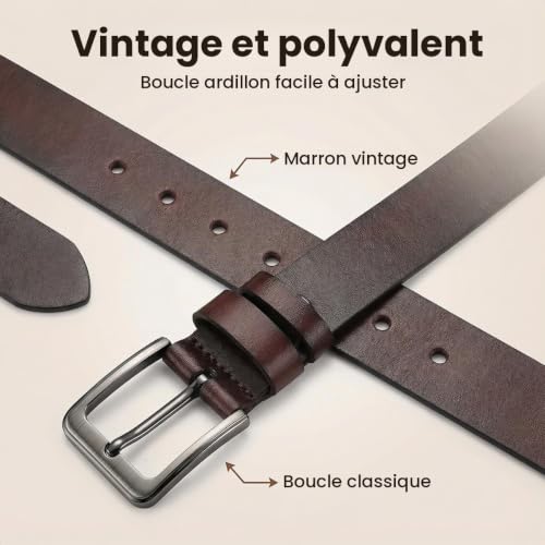 Detalle de VRLEGEND ceinture homme en cuir véritable marron, 140 cm, largeur 3,8 cm