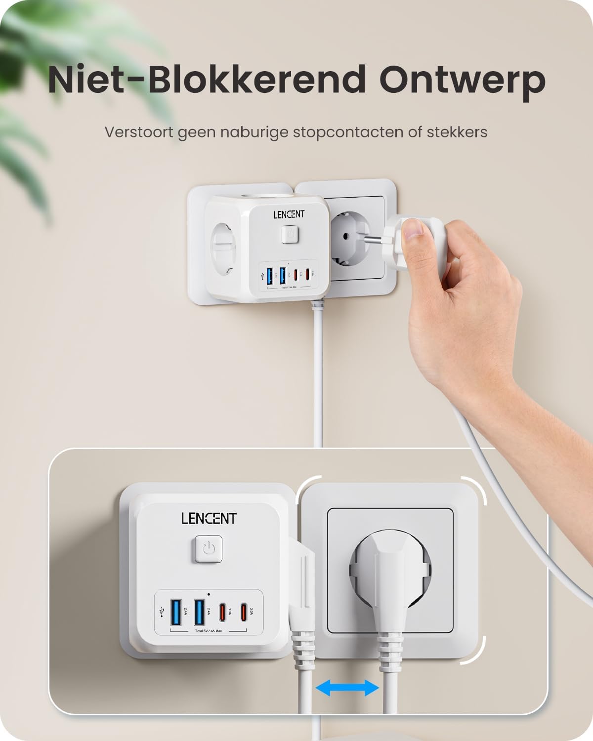 Detalle de LENCENT PA037EU-2A2C kubus-stekkerdoos met 3 stopcontacten en 4 USB-poorten