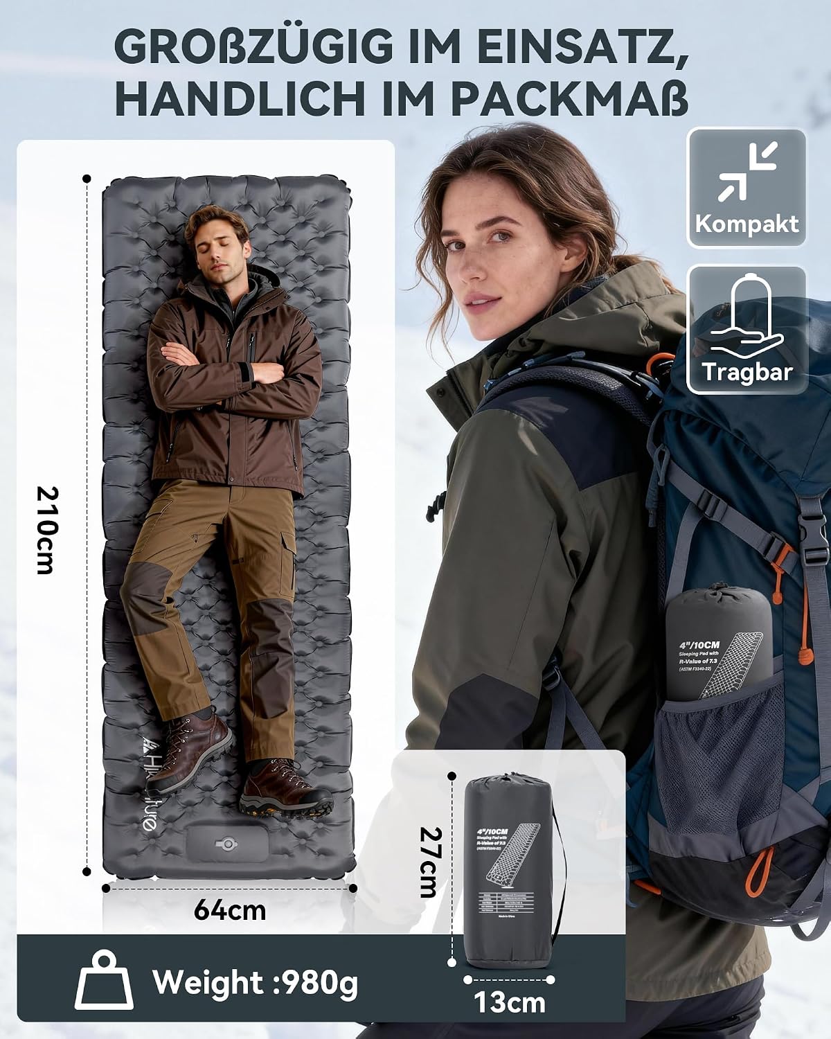Detalle 2 de HIKENTURE 1231 opblaasbare kampeermat 10 cm, R-waarde 7,3 en 210 × 64 cm