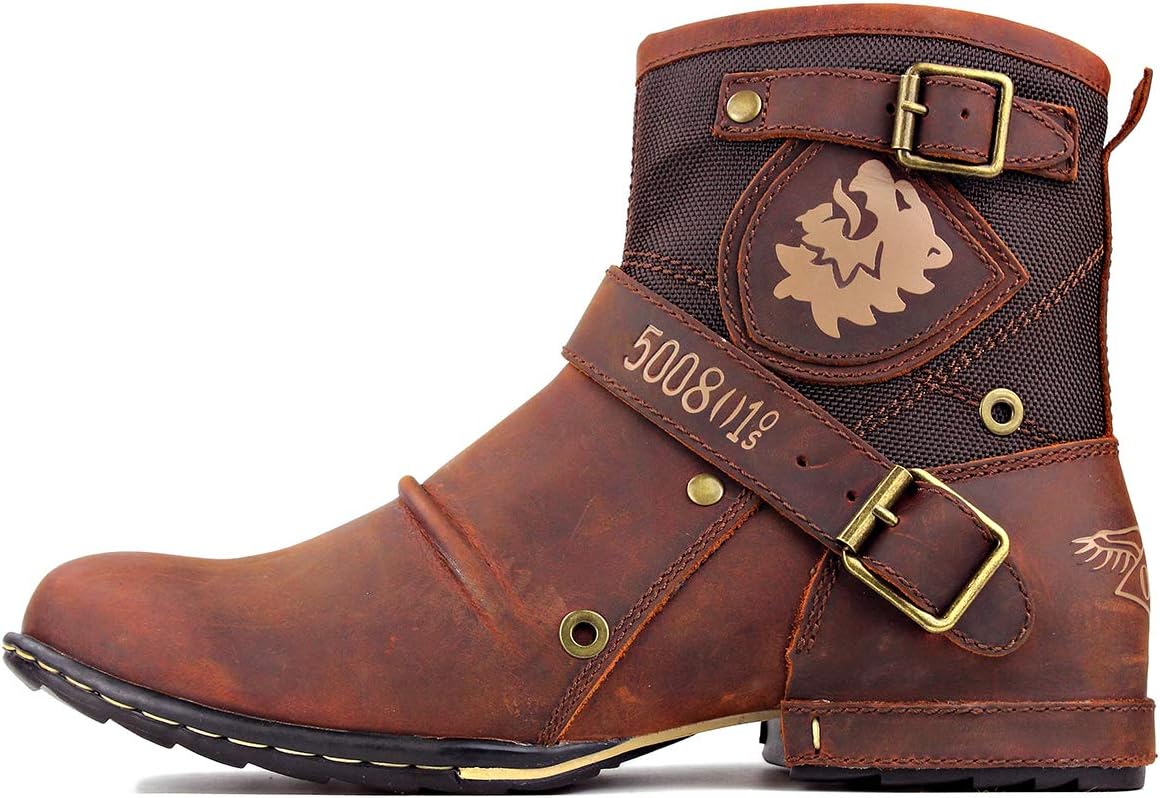 Detalle de OSSTONE Herren Leder Chukka-Stiefel OS-5008-1-NH-DE-R – Robuste Lederstiefel mit Reißverschluss und Gummisohle