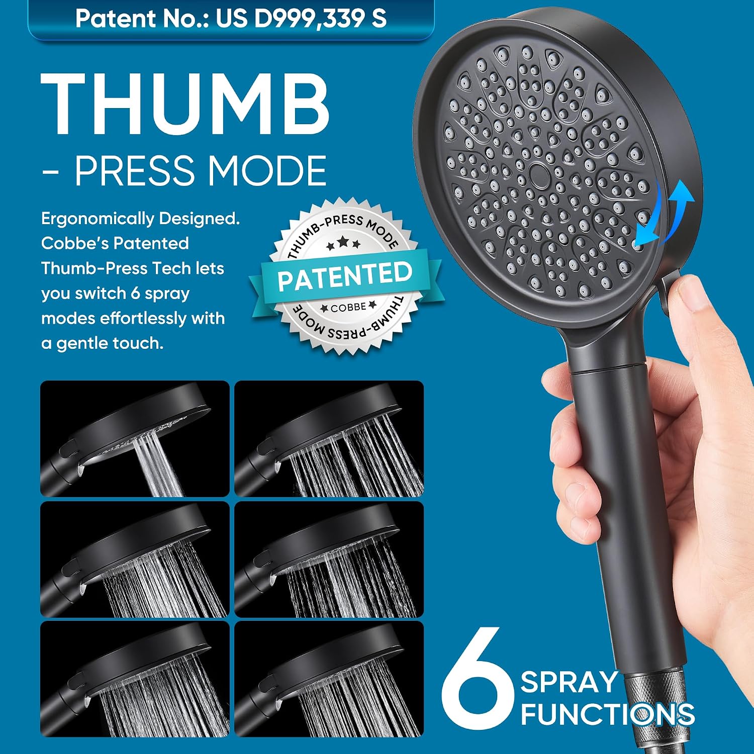 Detalle 1 de Cobbe KSCD403-3 Filtered Handheld Showerhead, 6 Spray Modes, Matte Black