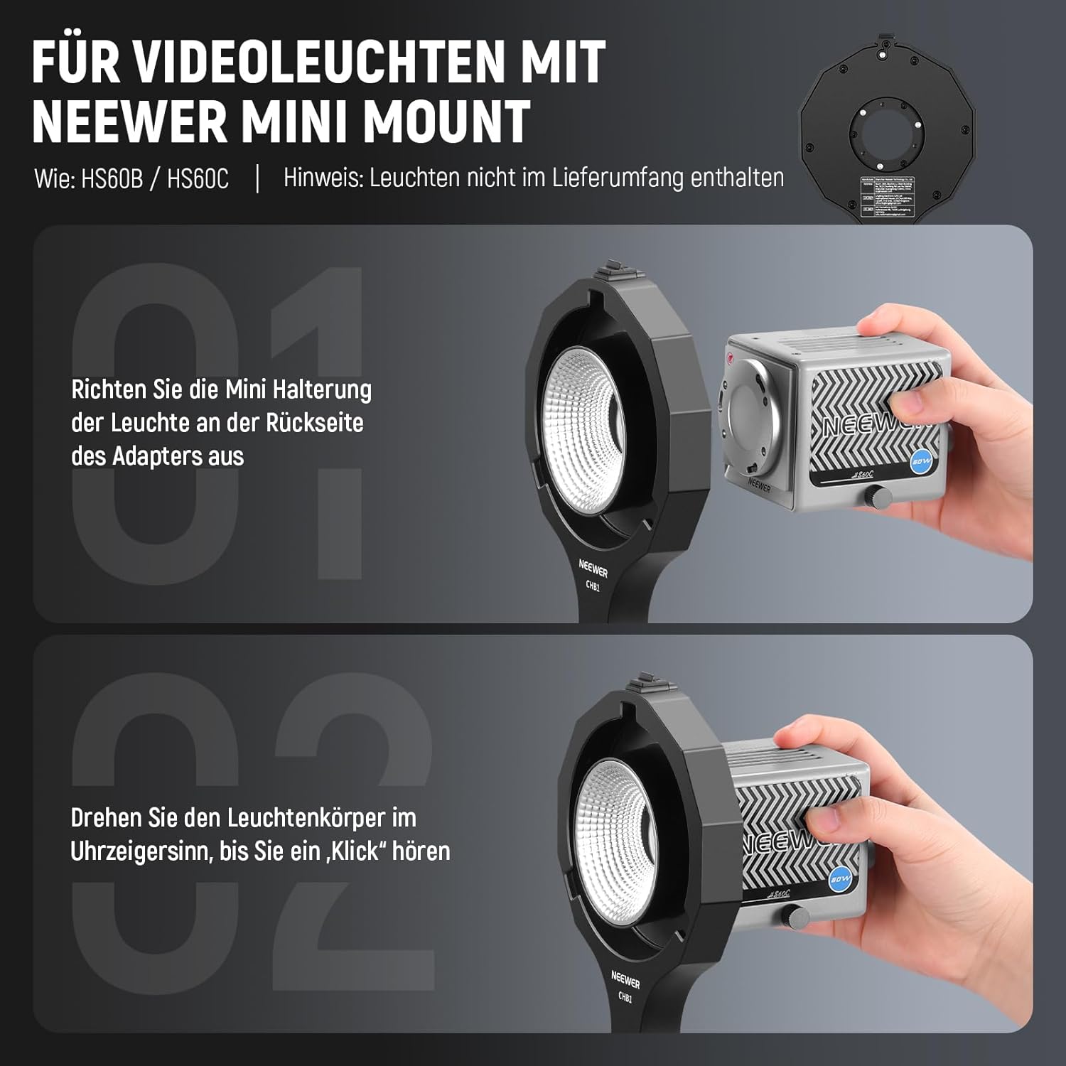 Detalle 2 de NEEWER Bowens Halterung CHB1 – Mini-Adapterring für Bowens-Zubehör (5/8", 180° Neigung)