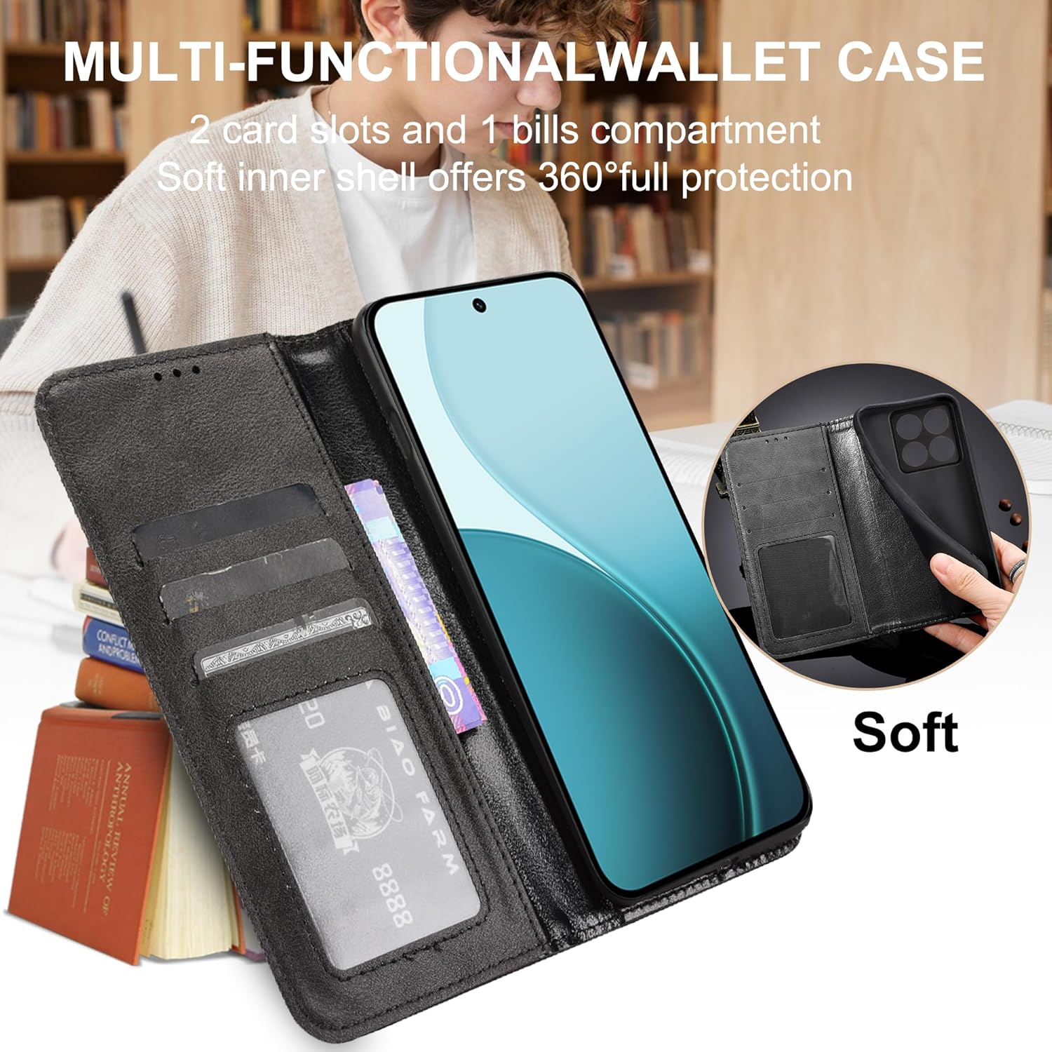 Thumbnail 3 de Fitudoos Leder-Brieftasche Hülle für Oppo Reno 14 F/FS – Magnetverschluss, Standfunktion, RFID-Schutz