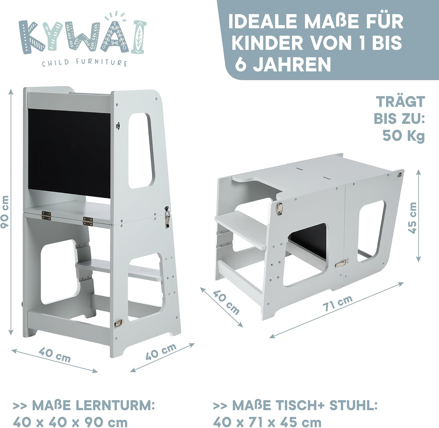 Thumbnail 6 de KYWAI Montessori Lernturm ab 1 Jahr – klappbar, 2-in-1 Premium Learning Tower & Tisch (grau)