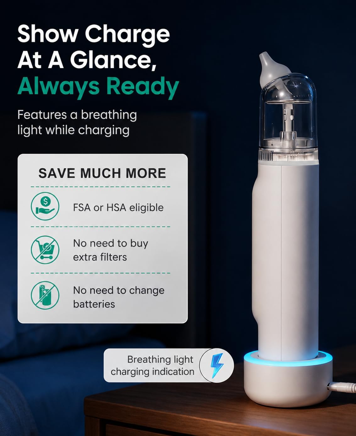 Thumbnail 6 de GROWNSY Nasal Aspirator for Baby – Gentle Elephant-Tip, 5 Suction Levels, IPX7 Self-CCleaning, Docked Charging & Soothing Night Light