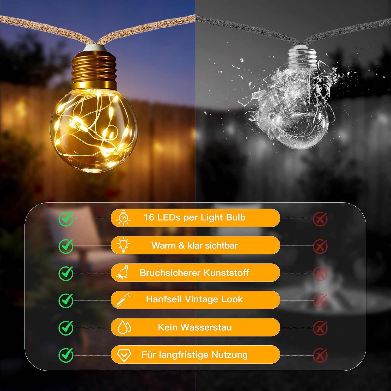 Thumbnail 3 de Ollny Solar Lights Outdoor Garden: 8m Hemp Rope Festoon with 16 G50 Bulbs