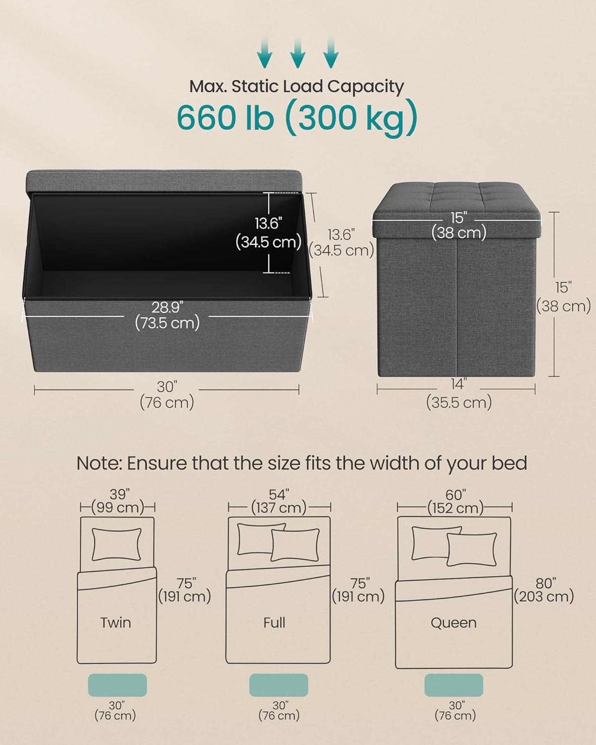 Detalle 2 de SONGMICS Folding Storage Ottoman Bench 30 Inches