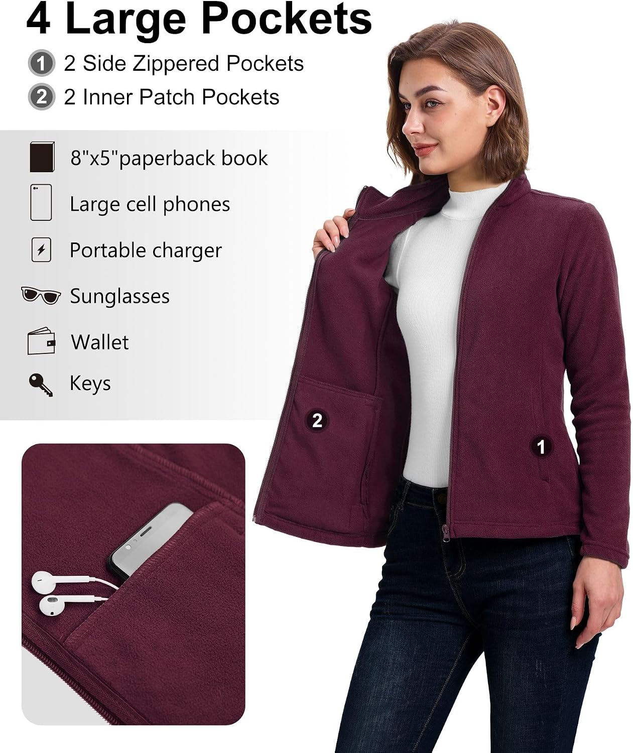 Thumbnail 2 de 33,000ft Damen Fleecejacke Durchgehend Reißverschluss Stehkragen