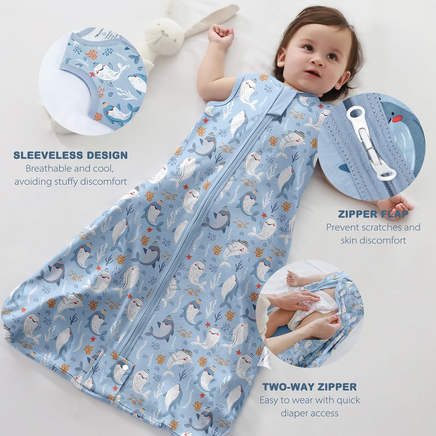 Detalle de Mosebears Sleeping Bag Baby Summer (3 Pack, Blue, Size S) – 0.5 Tog, 100% Cotton