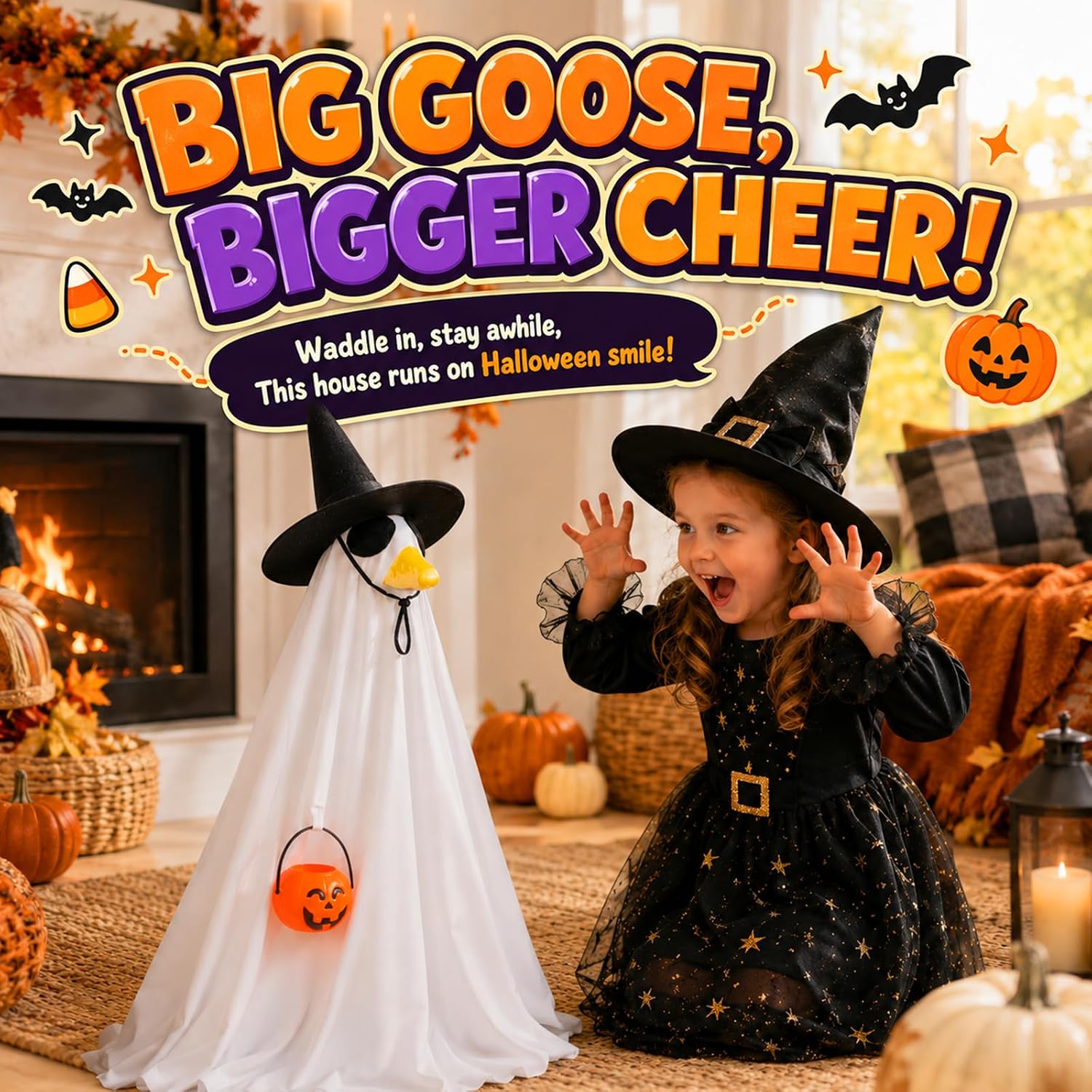 Detalle 2 de Bigwish BW-23efu-gui01 Halloween Porch Goose Outfit with Ghost Cloak and Witch Hat