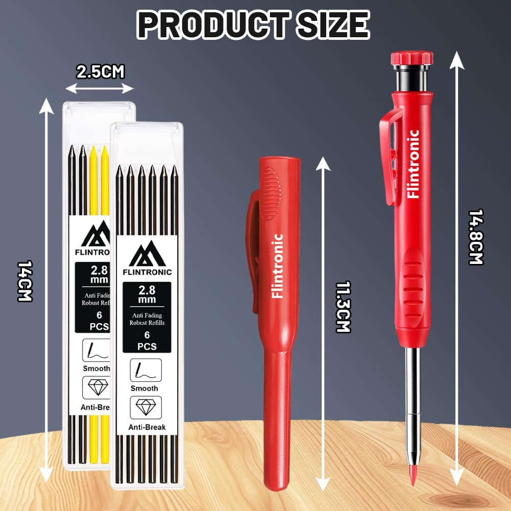 Detalle de Coffret flintronic 8 crayons de charpentier mécanique avec 26 recharges, poinçon central et outils de traçage carbure