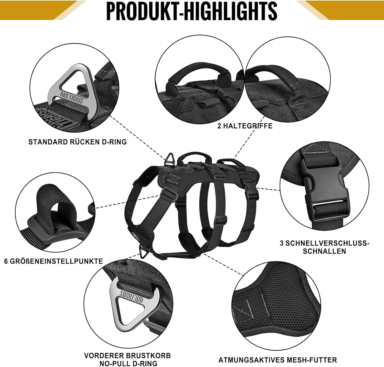 Thumbnail 3 de OneTigris Hundegeschirr T-Bone mit 2 Griffen – ausbruchsicheres, einstellbares Brustgeschirr für Outdoor (Schwarz, M)