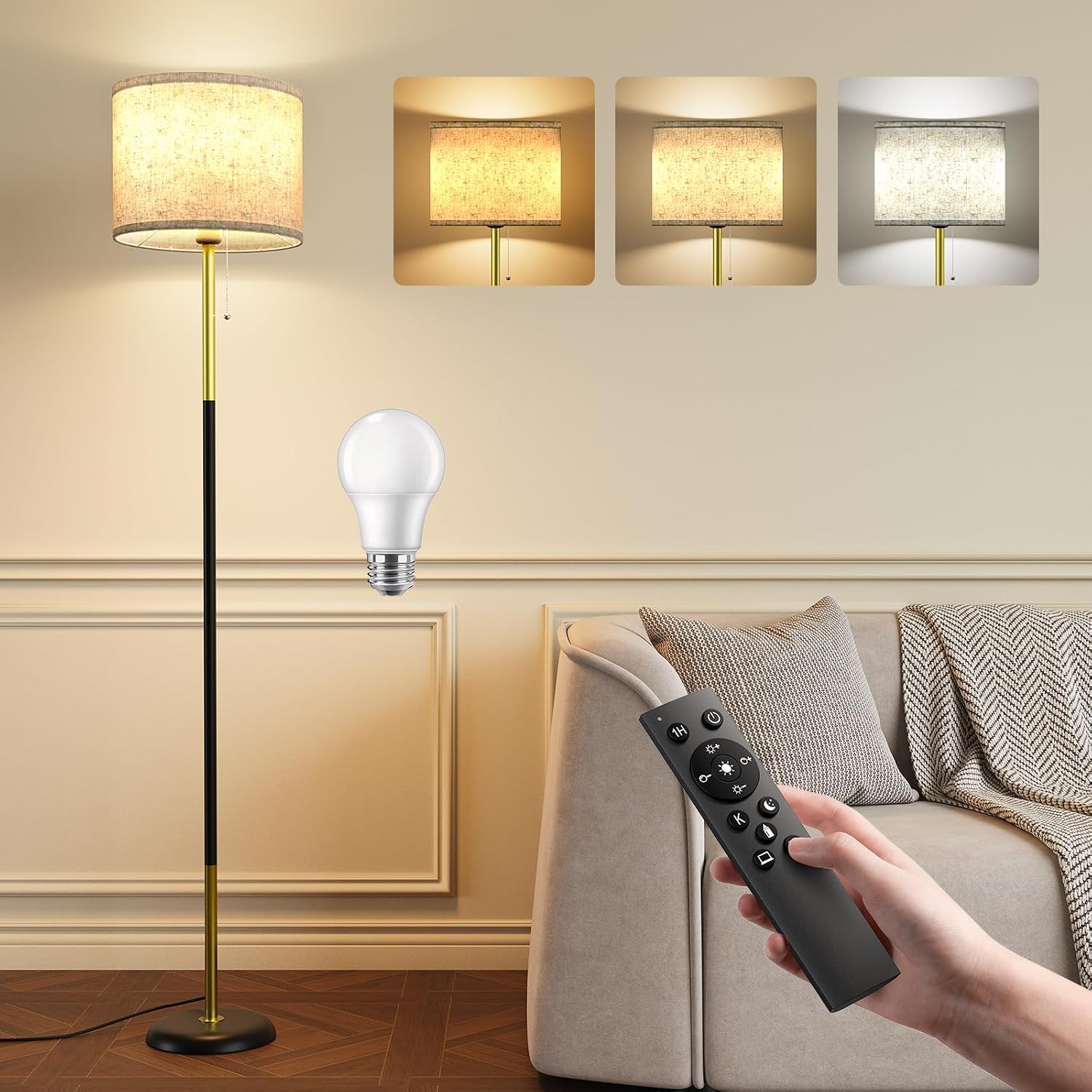 Detalle de Lampadaire LED sur Pied Salon - 12W avec Télécommande, RGB et Cordon Tirette