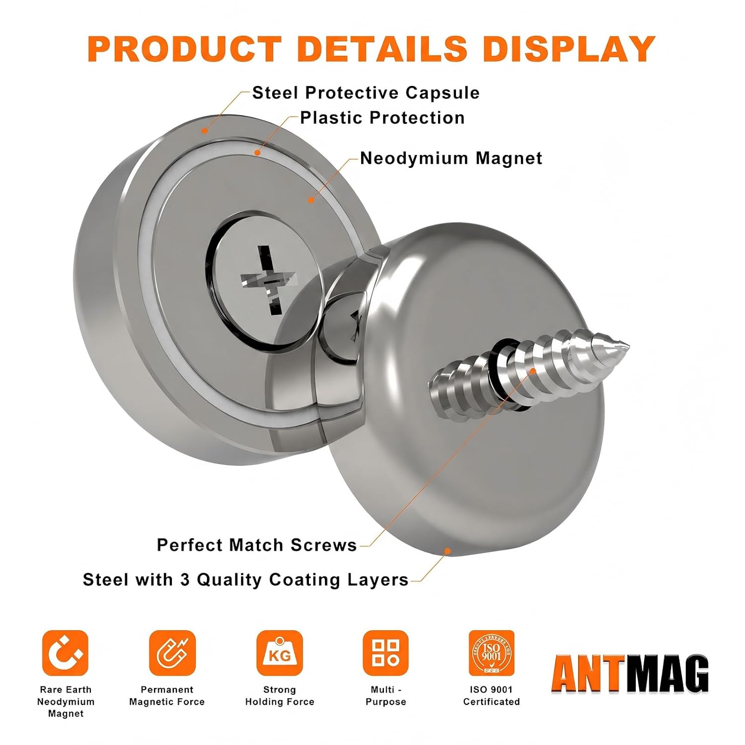 Detalle de AntMag neodymium cup magnets, 70 lb pull