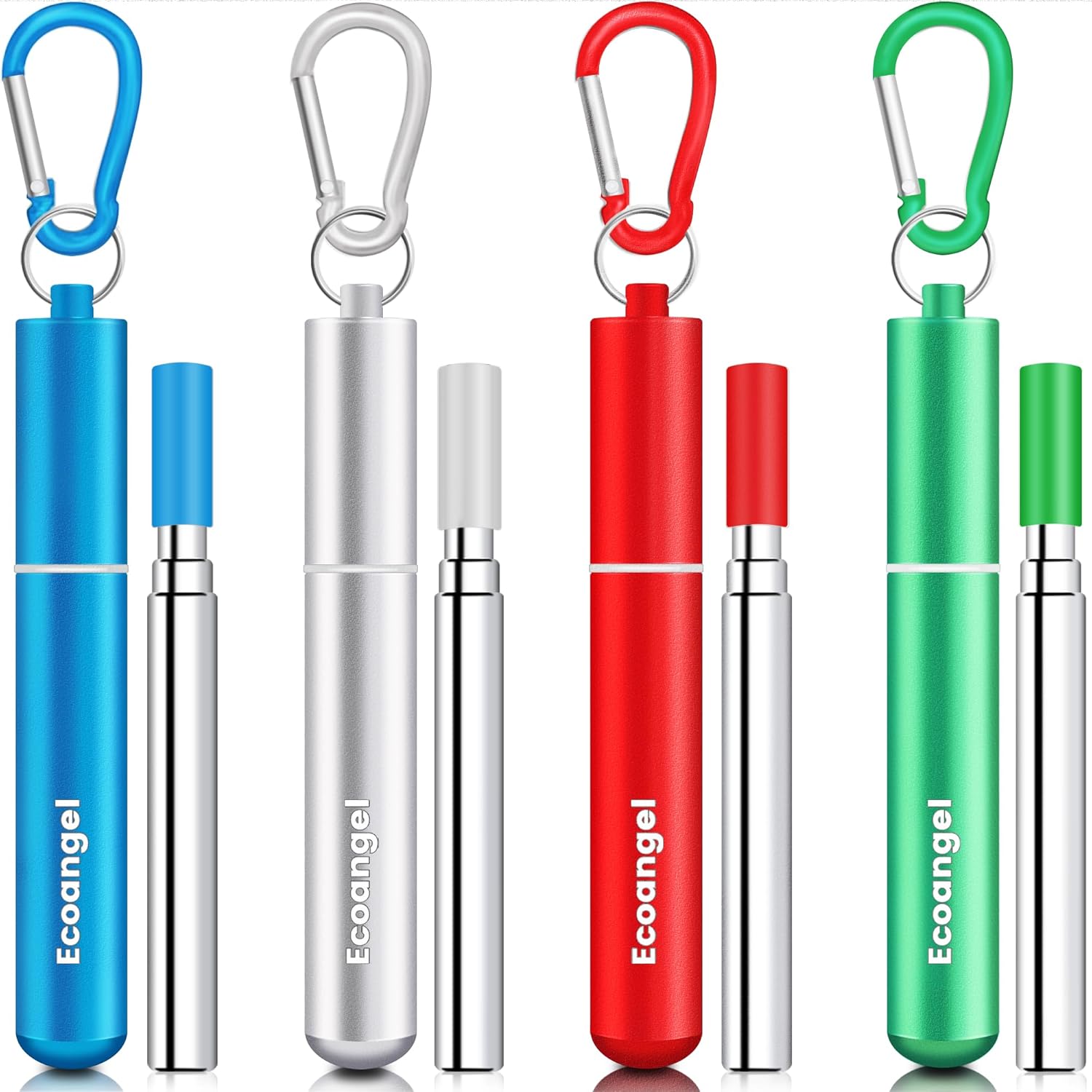 Ecoangel Cruise Ship Essentials: 4-Pack Reusable Collapsible Stainless Steel Straws with Aluminum Case