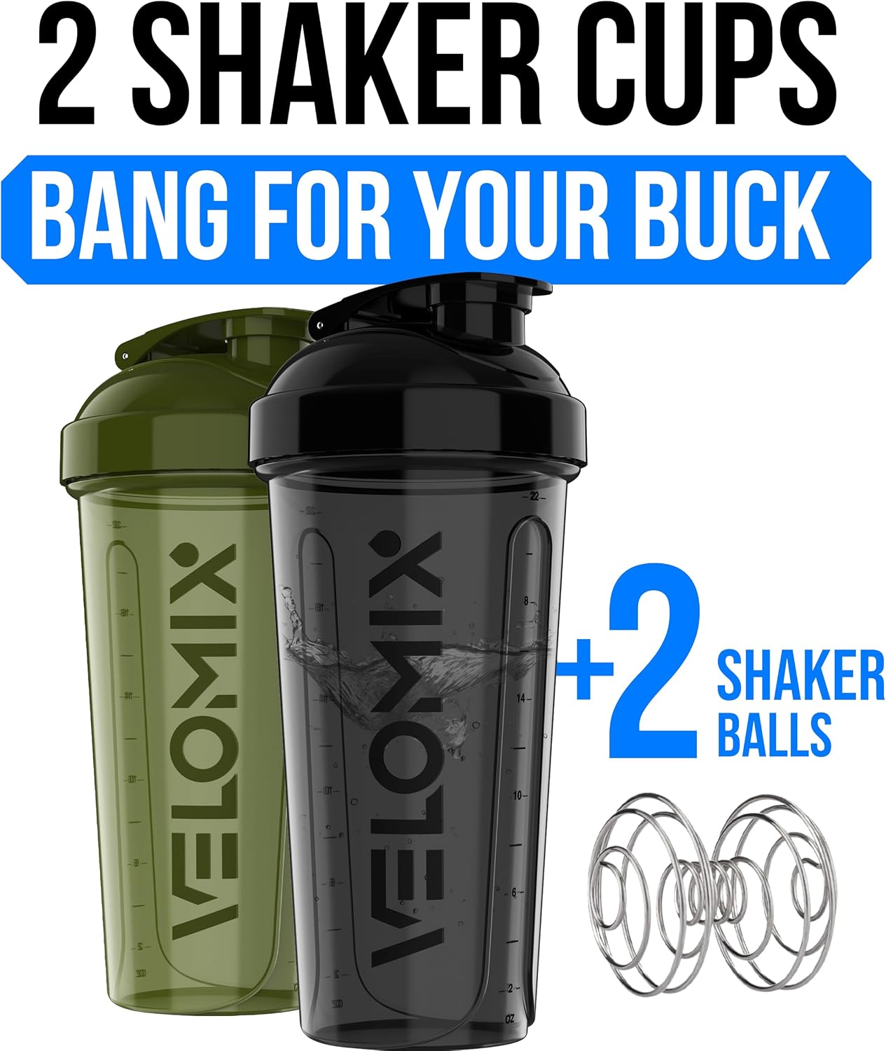 Detalle de VELOMIX 2-Pack 28 oz Protein Shaker Bottles with Wire Whisk (Green/Black) – Leak-Proof & Durable
