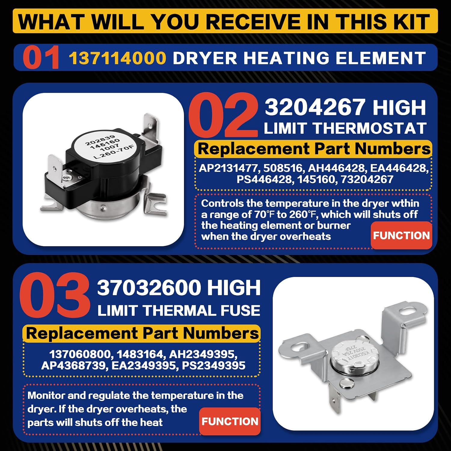 Thumbnail 2 de Bakaoof Dryer Heating Element Kit, 240V 4700W with Thermostat and Fuse