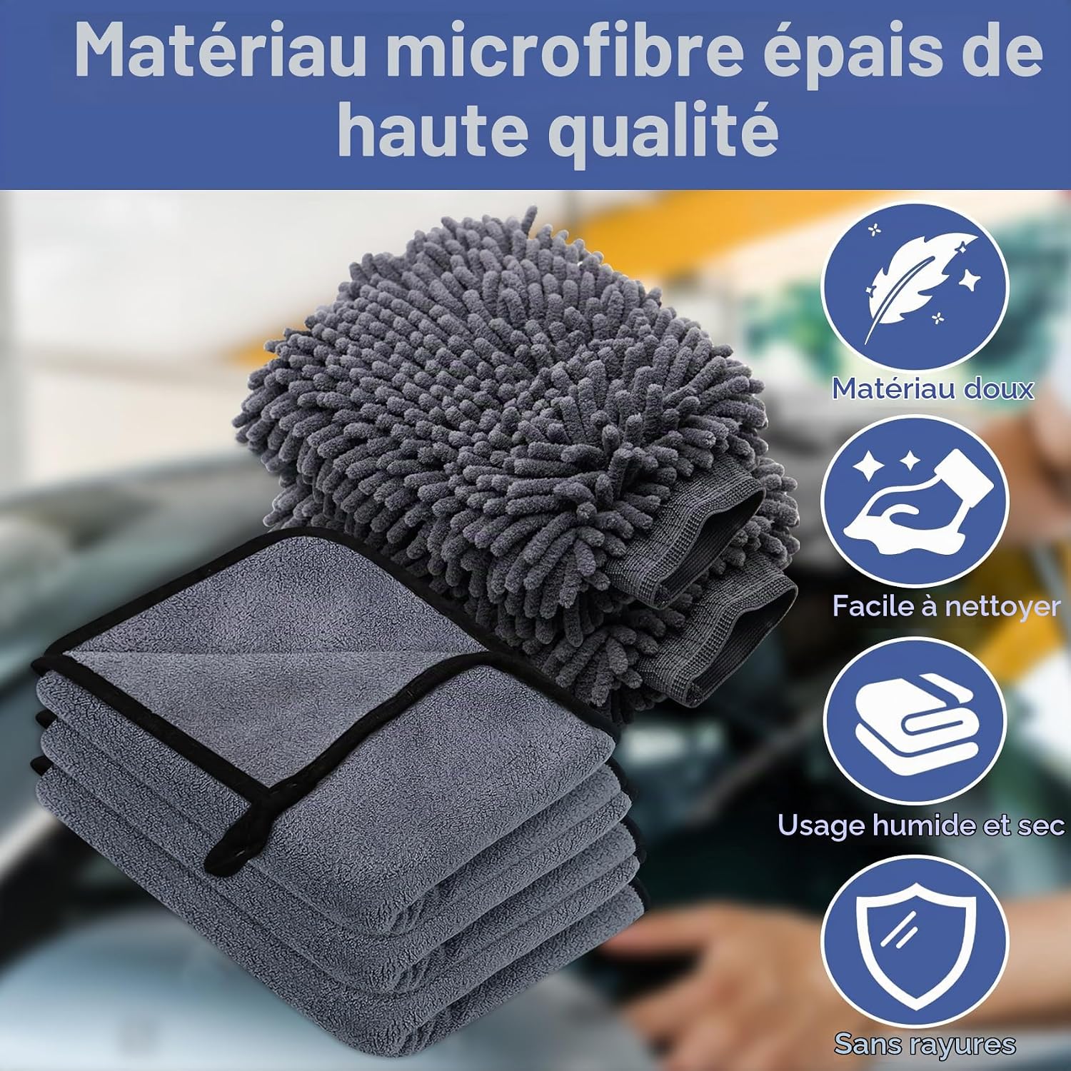 Detalle 1 de KALBIGRO 5-delige microvezelset voor autoverzorging met 3 doeken en 2 washandschoenen