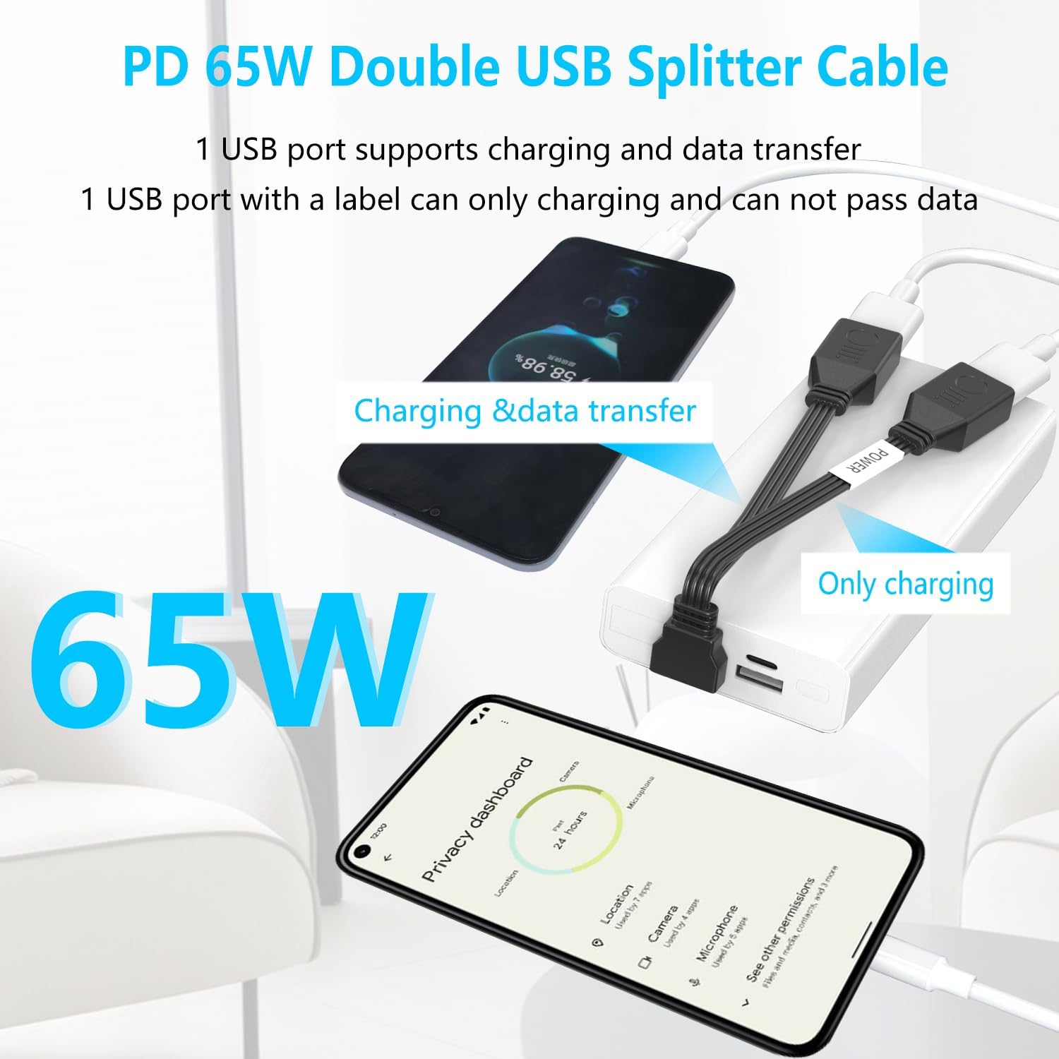 Detalle 2 de LANMINGLEL Short 90° PD 65W USB 2.0 splitter cable 10 cm 🔌