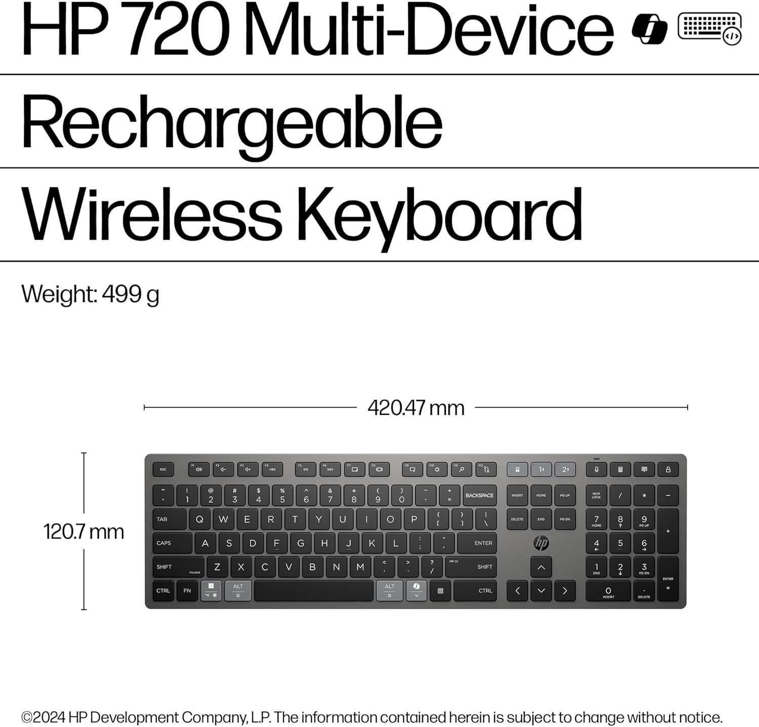 Thumbnail 5 de HP 720 Multi-Device Rechargeable Wireless Keyboard (Black) with supercapacitor, 2.4GHz + Bluetooth