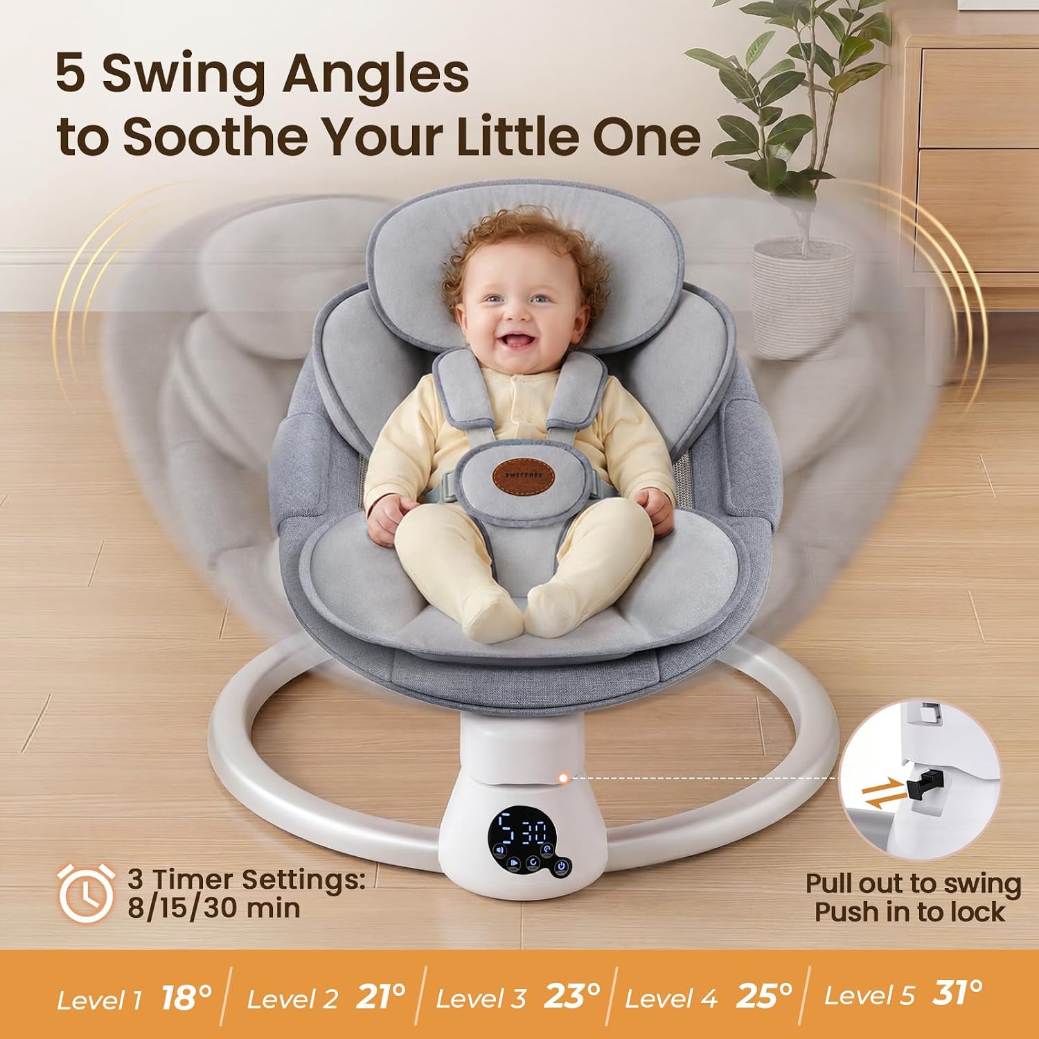 Thumbnail 6 de Smelluck Electric Baby Swing with App Control, 2 Recline Positions and Mesh Seat