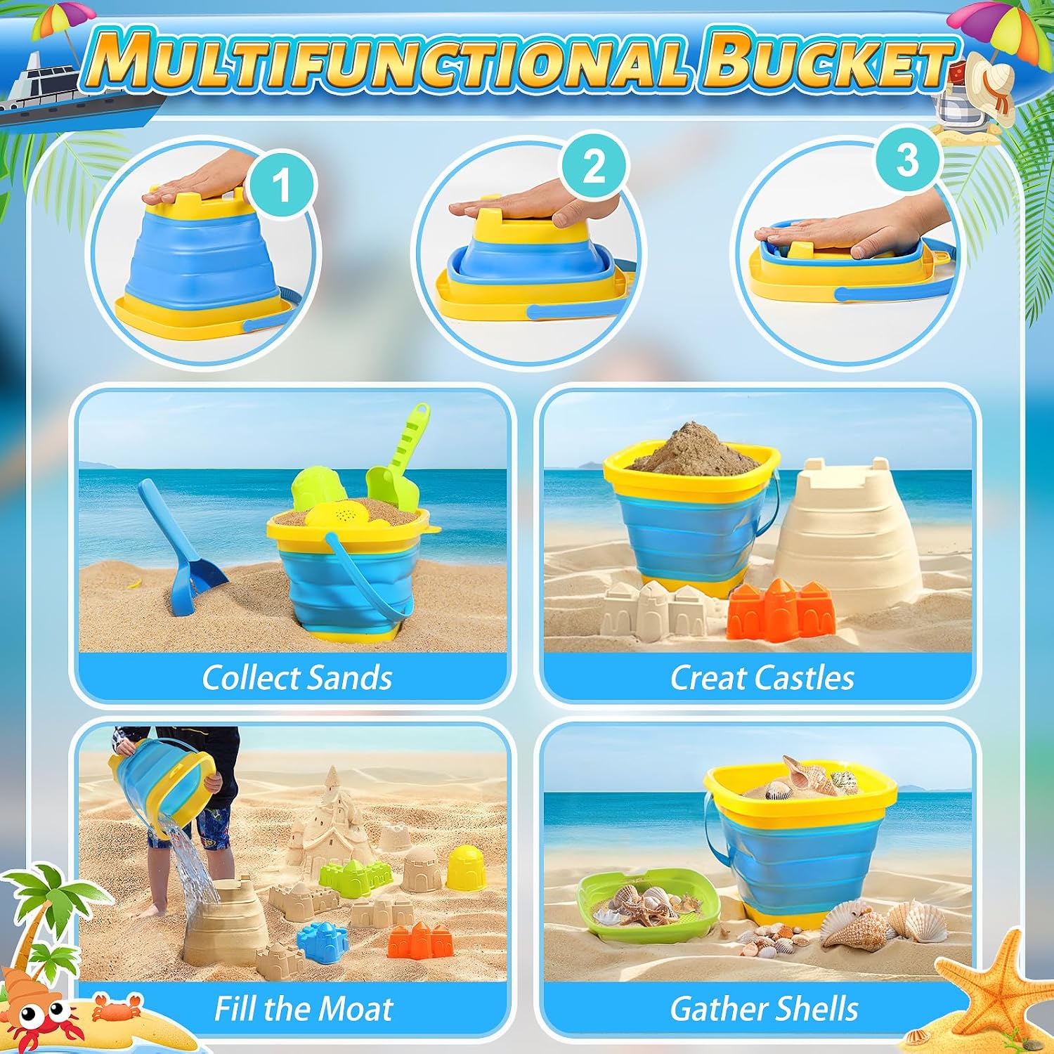 Detalle 2 de Collapsible Beach Sand Toys for Kids — 15-Piece Set with Bucket, Sifter, Molds & Mesh Bag