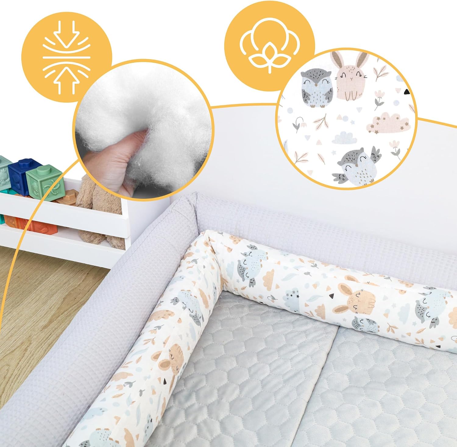 Thumbnail 3 de Totsy Baby XXL Bettschlange – XXL Bettumrandung, Stillkissen und mehr in Hellgrau mit Eulen (300 cm)