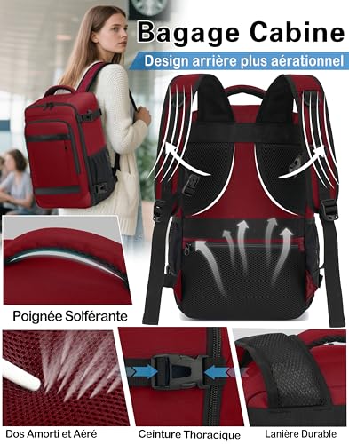 Detalle de KLOSTAIN Sac à Dos Voyage Cabine Avion 45x36x20 cm – 30 L, 14'' PC, Rouge